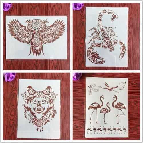 4pcs / set A4 animal Stencils Painting Coloring Embossing Scrapbook Album Decorative Template for walls stencil