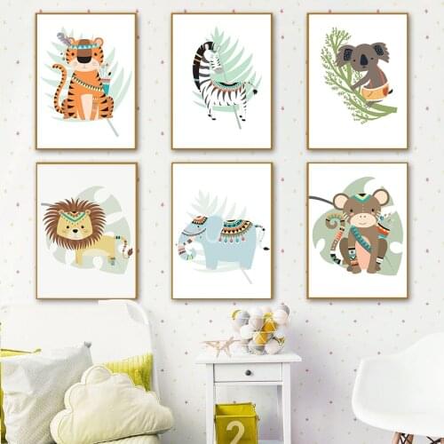 Colored Zebra Lion Elephant Tiger Leaf Animal Wall Art Canvas Painting Nordic Posters And Prints Wall Pictures Kids Room Decor