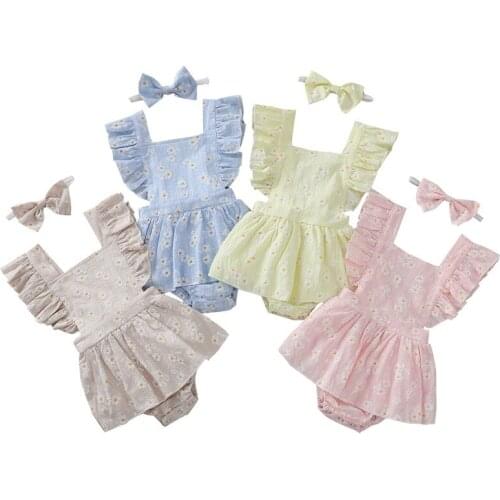 Baby Romper with Headband Daisy Print Square Collar Ruffle Fly Sleeve Jumpsuits Dress+ Hairband for Girls 0-24 Months