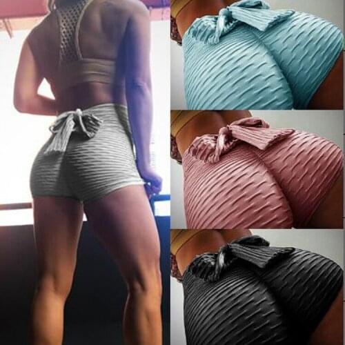 Women Fitness Shorts Casual High Elastic Waist Push Up Bandgage Bow Shorts Skinny Summer Workout Jacquard Bubble Shorts Femme