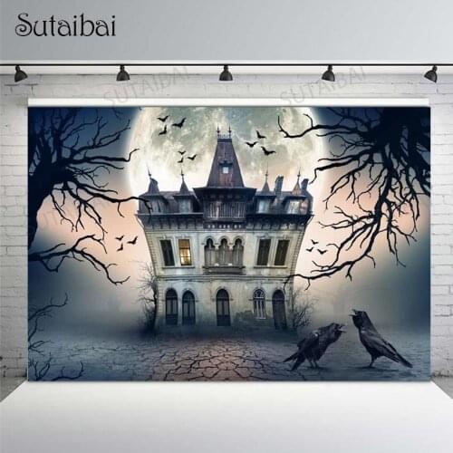 Halloween Photography Backdrop Moon Trunk Crow Bat Retro Building Background Background Photo Studio Customized Poster Photocall