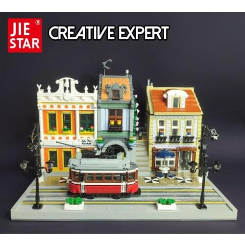 JIESTAR Creatoring Expert Ideas Street View Orient Train Station Moc Bricks Modular House Building Blocks Model Toys Pet Shop