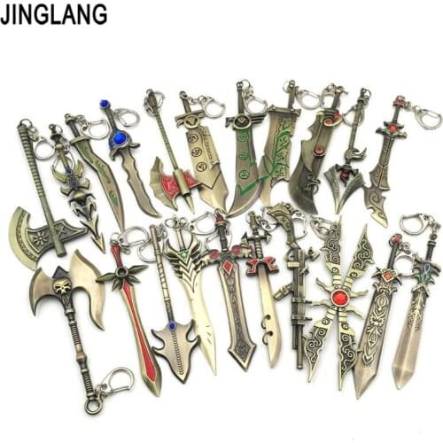 JINGLANG Fashion Lobster Clasp Metal Keyring Dangle Antique Bronze Game Swords Charms Keychains For Men Jewelry