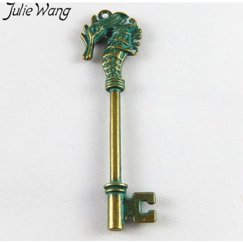 Julie Wang 10pcs Vintage Sea horse Key Shape Zinc Alloy Charms Necklace Pendant Fashion Jewelry DIY Findings Metal Accessories