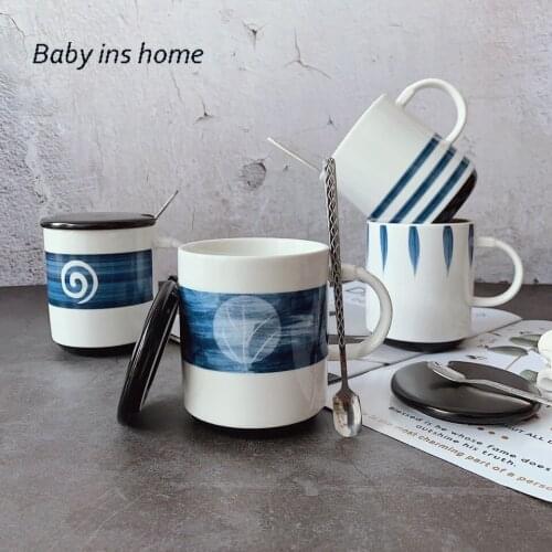 Classic Style Hand Printing Ceramic Cup with Lid Spoon Japan Style Large Capacity Breakfast Cup Coffee Cup Milk Mug Couple Mug