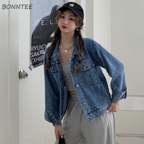 Jackets Women New All-match Denim Casual Streetwear Slim Long-sleeve Pockets Button Sweet Autumn Blue Lovely Harajuku Clothing