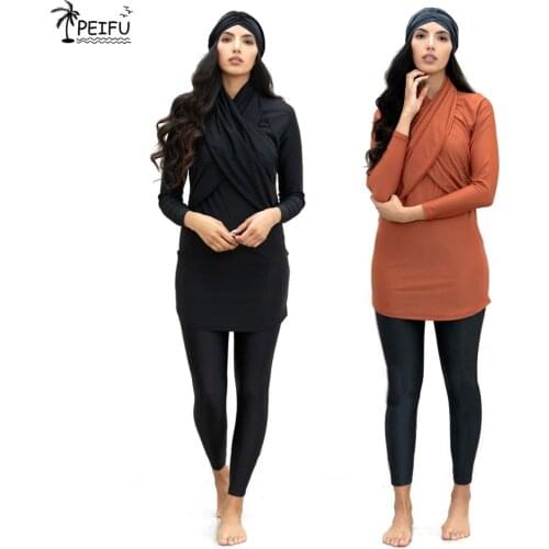 PEIFU 2021 Muslim Swimwear Women Modest fashion Hijab Long Sleeves Sport Swimsuit 3pcs Islamic Burkinis Wear Bathing Suit 4XL