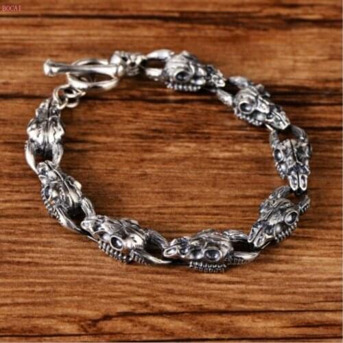 BOCAI S925 mens silver Thai Bracelet Sheeps head Bracelet retro skull domineering personality pendant for men 2020 new style