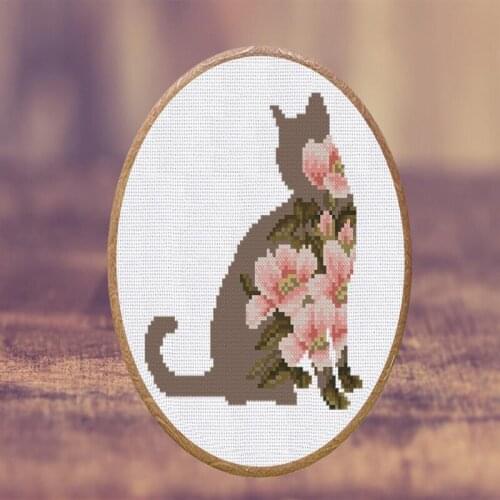 Hot Embroidery Cat Silhouette with Pink Flowers Kitten Cross Stitch Kit with 100% Cotton Flosses&Free Shipping for Housewarming