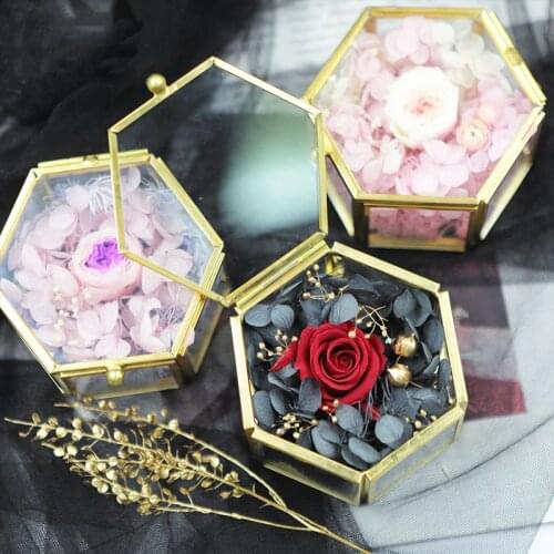 New Personalized Wedding Glass Ring Box Hexagon Box Stained Glass Ring Pillow Wedding Copper Ring Box