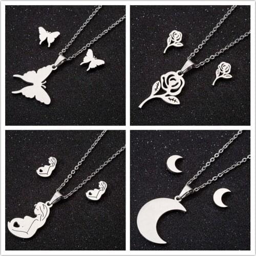Oly2u Stainless Steel Mother&Baby Necklaces for Women Romantic Rose Flower Butterfly Stud Earrings Jewelry Sets Birthday Gift