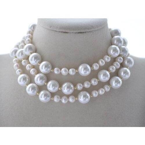 MCT·STAR Z10552 38" 12mm White Round Shell & Freshwater Pearl Necklace CZ