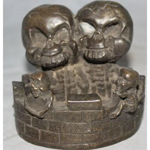 Song voge gem S2454 4" Chinese Dynasty Palace Bronze Man woman Die Pair Skull Head Statue ashtray