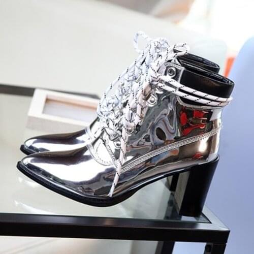 Sexy Shiny Mirror Leather Chunky High Heels Ankle Boots Ladies Lace up Pointed toe Martin Boots Female Night Club Party Boots