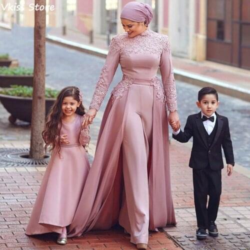 Dark Pink Muslim Evening Dresses Long Sleeves Jumpsuit Detachable Scarf Islamic Dubai Saudi Arabic Evening Gown Prom Dress