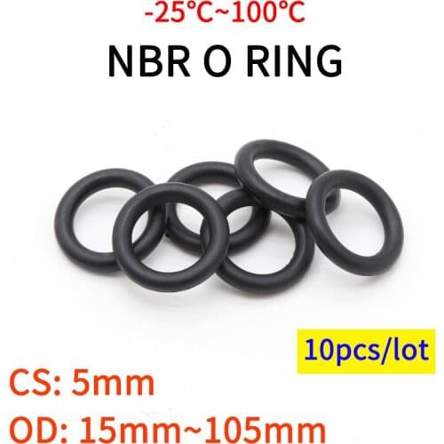 10pcs NBR O Ring Seal Gasket CS 5mm OD 15~105mm Nitrile Butadiene Rubber Spacer Oil Resistance Washer Round Shape Black