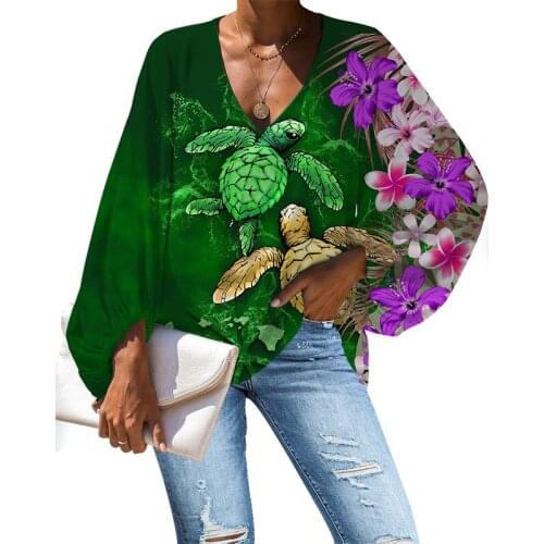 HYCOOL Polynesian Turtle Tattoos Print Fall Womens Long Sleeve Tops And Blouses Women Sexy V Neck Lantern Sleeve Chiffon Blouses