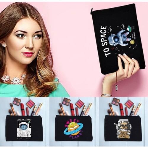 Womens Cosmetic Bag Zipper Printed Astronaut Pattern Female Makeup Bag Portable Handbags Black School Pencil Cases