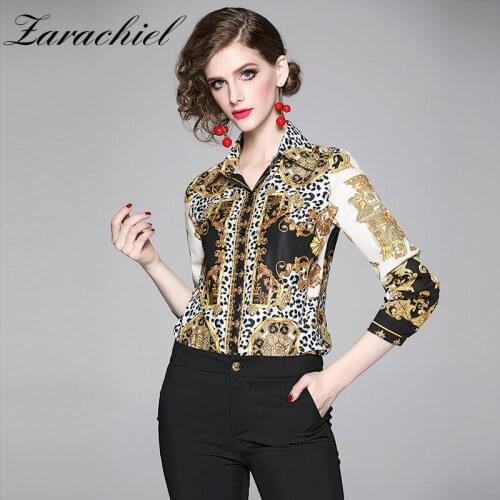 Fashion Designer Women Long Sleeve Vintage Golden Totems Leopard Print Blouse Shirt Lady Office Highstreet Tops Loose Blusas