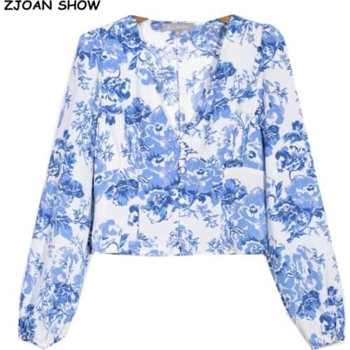 Retro Long Puff Sleeve Blue white Floral Print Shirt Women Single-breasted buttons Slim Waist Short Blouse Girls Tops