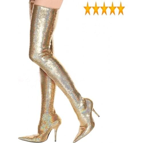 Size 34-43 Pointed High Plus Heel Elastic Sock Ankle Women Sexy Runway Winter Sequins Stiletto Over The Knee Boots 2021