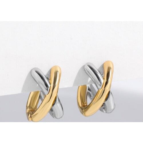 Punk Gold and Silver Color Mixing Metal criss-cross Earrings for Women Simple Geometric Small Ear Bone Aros Huggie Hoops Jewelry