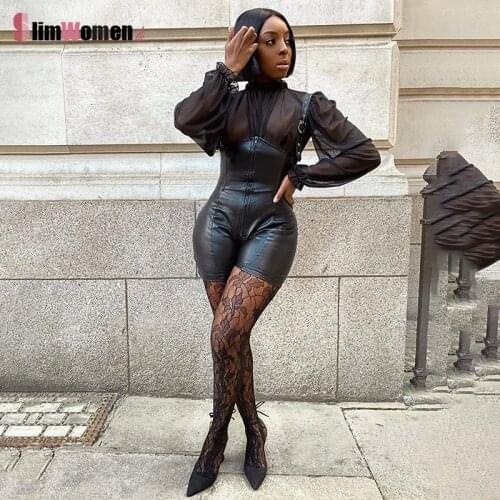 Women Summer Streetwear Bodycon Halter Jumpsuit Women V Neck Zipper Black PU Leather Slim Jumpsuits Backless Cool Moto Overalls
