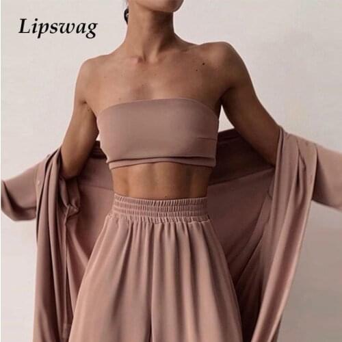 Sexy Women Three Piece Sets Fashion Casual Wrap Solid Tops And Wide Leg Pants Suits Homewear Elegant Soft Female 3 Piece Outfits