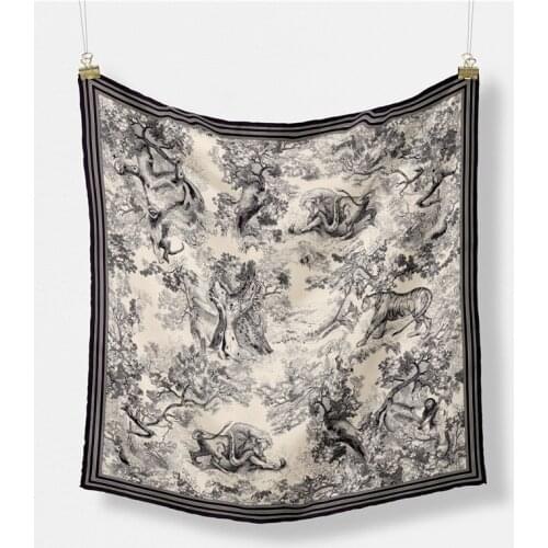 Twill Silk Scarf Woman Forest Animals Print Square Scarves Wraps Bandana Small Hijab Foulards Lady Tie Headband Neckerchief 53CM