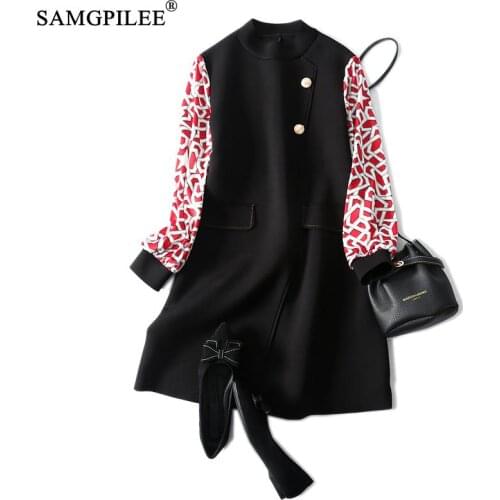 Winter Dress Woman 2021 Office Lady Plus Size Korean Fashion Clothing A-line Print Full Sleeve Pockets O-neck Women Dresses 4XL
