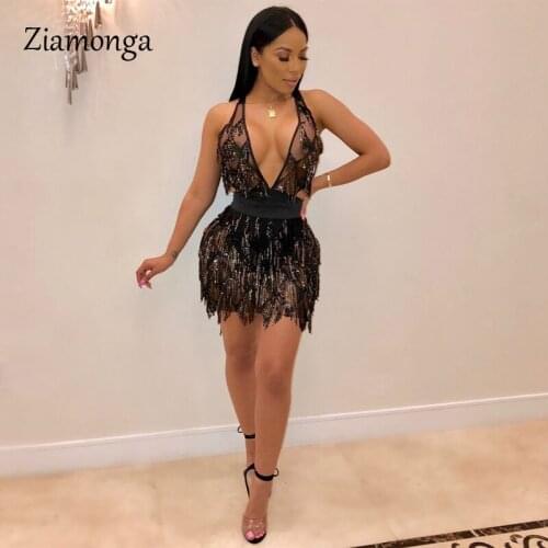 Ziamonga 2020 New Best Womens Sequin Dress Two-piece Sexy Nightclub Backless Dress Deep V-Neck Tassel Sequin Club Party Dress