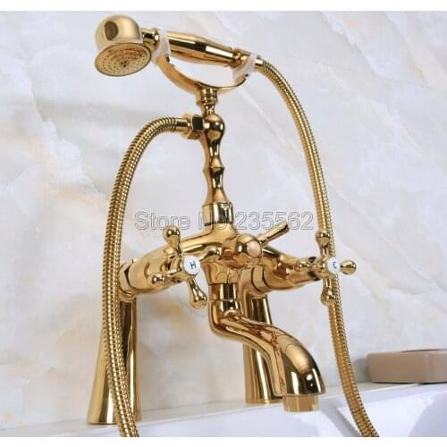 Golden Brass Bathroom Deck Mount Clawfoot Bath Tub Faucet W/ Handshower lna145