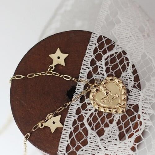 2021 New Sweet Embossment Heart with Goodluck Letter Star Charm Necklace Stainlesss Steel Gold Plated Heart Pendant Necklace