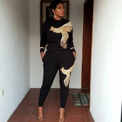 African Clothes For Tracksuit Women 2 Piece Set Stretchable Knitted Black Outfits 2021 New Beading Sequins African Clothing Set