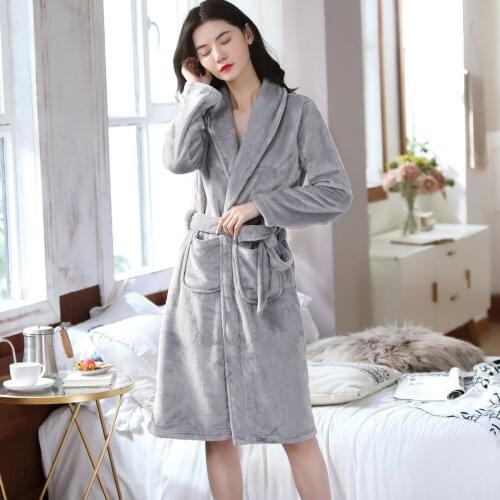 Grey Women Winter Coral Fleece Kimono Gown Home Robe Thick Warm Lounge Nightwear Cute Couple Lovers Sleepwear Flannel Bathrobe
