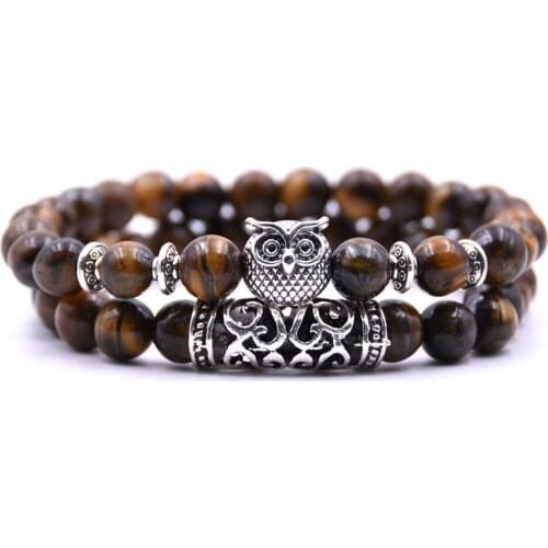 HYHONEY 2pcs/set 8mm Stone Tiger eyes Beads Owl Charm Bracelet Men jewelry Bracelets For Women pulseiras