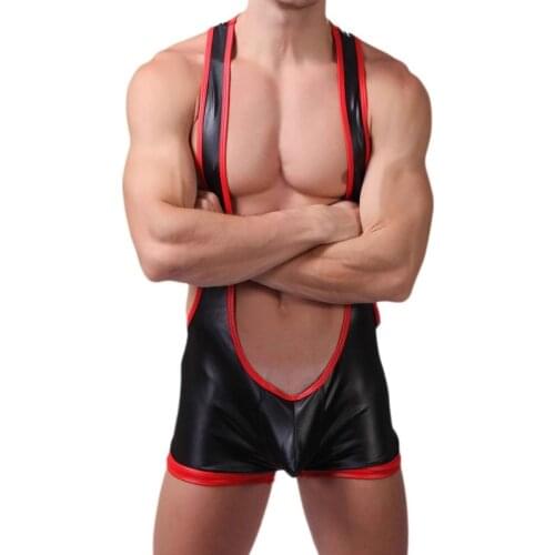 PU Leather Undershirts Leotard Men Bodysuit Jockstrap Latex Lingerie Open Butt Bugle Pouch Jumpsuit Wrestling Singlet Underwear