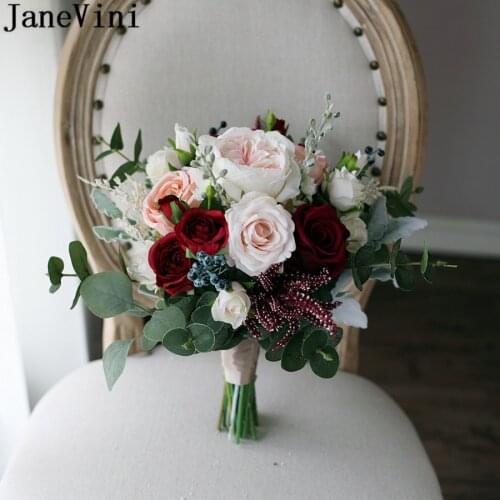 JaneVini Flores Artificiales Dark Red Champagne Rose Wedding Flowers for Bride Artificial Silk Peony Eucalyptus Bridal Bouquets