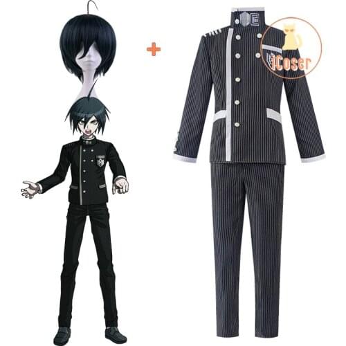Danganronpa V3 Shuichi Saihara Cosplay Costume Black Uiform with Stripes Dark Blue Wig with Ahoge Dangan Ronpa Killing Harmony