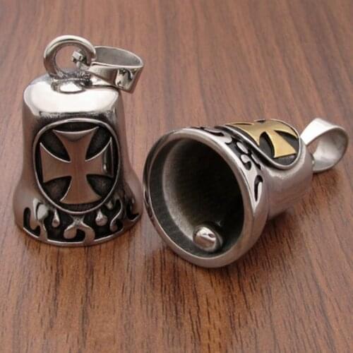 Creative Vintage Cool Flame Cross Carved Metal Bell Pendant Necklace Mens Rock Punk Biker Jewelry