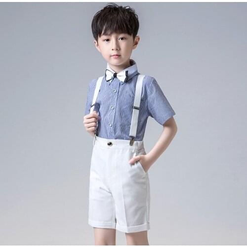 Boys Girls Summer kindergarten School uniforms Shirt+Shorts +Overall+Tie Wedding Party Clothing Set Kids Formal Dress Costume
