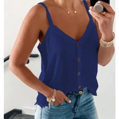 Woman Tank Top Vest Sexy Female Off Shoulder V Neck Casual Button Solid Color Single Breasted Sleeveless Loose Summer Strap