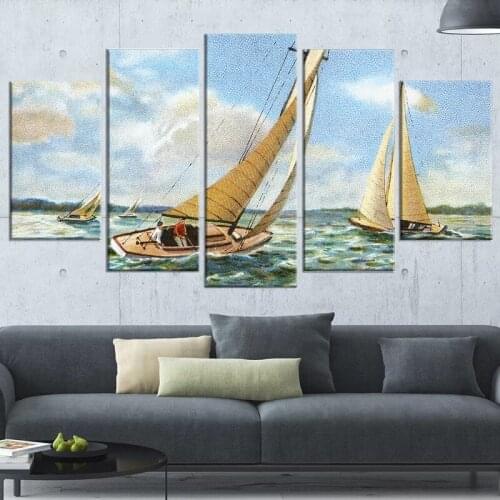 Modular Vintage Boats Sailing Canvas Paintings Home Decor 5 Pieces HD Printed Seaview Poster Living Room Wall Art Pictures Frame