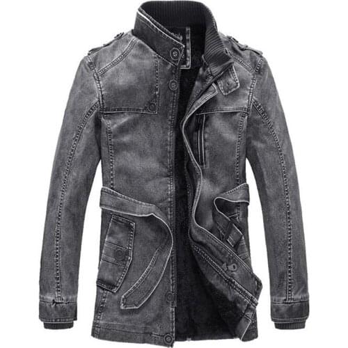 Winter Leather Jacket Men Stand Collar Leather Motorcycle Jackets Mens Fashion Thick Velet Warm Washed Long Windbreaker Coats