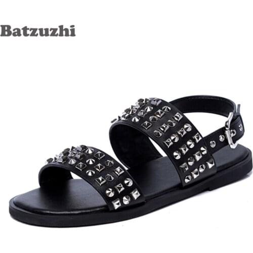 New Mens Leather Sandal Shoes Black Rivets Fashion Leather Sandals for Men Designers Men Sandalias Genuine Leather Sandals