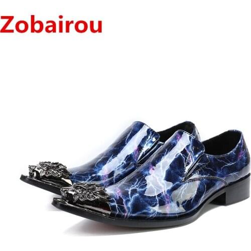 Zobairou fashion men shoes leather sapatos masculinos pointy iron toe blue italian oxford shoes for men wedding loafers
