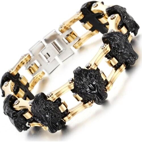 Cool Mens Motor Bike Chain Motorcycle Chain Bracelet Bangle Male Gold Black Lion Head Stainless Steel Jewelry Drop Shipping
