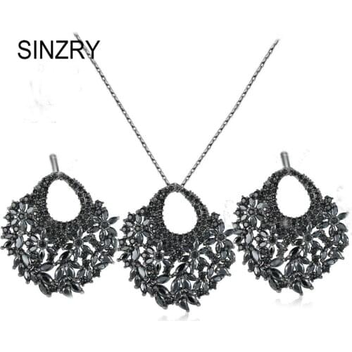 SINZRY 2018 Luxury jewelry set black gun plated cubic zirconia flower creative pendant necklace earring set for women