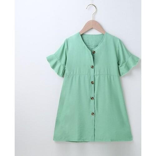 New Kids Clothes Summer Dress for Girl Solid Single Breasted Short Flare Sleeve Girl Dresses Sweet Casual Baby Girl Clothes 2-7Y