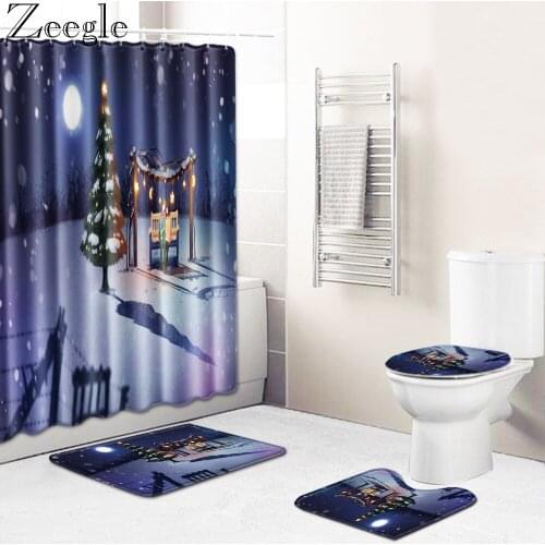 Zeegle Christmas Bath Curtain Waterproof Shower Curtain Non-slip Bathroom Rug Absorbent Toilet Cover Mat Washable Bath Mat Set